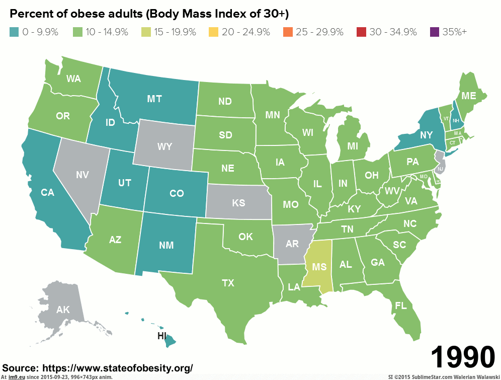 [Dataisbeautiful] Adult obesity in the United States | Updated September 21, 2015 (in My r/DATAISBEAUTIFUL favs)