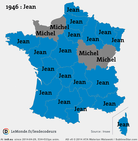 [Dataisbeautiful] Most popular given names in France, by region, 1946 - 2011 1 (in My r/DATAISBEAUTIFUL favs)