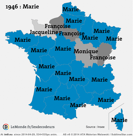 [Dataisbeautiful] Most popular given names in France, by region, 1946 - 2011 2 (in My r/DATAISBEAUTIFUL favs)