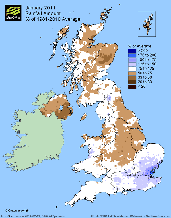 [Dataisbeautiful] Total amount of January rainfall in 2011-2014 as a percentage of the average between 1980-2010. (from UK Met O (in My r/DATAISBEAUTIFUL favs)