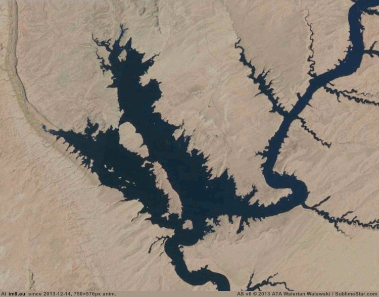 [Mapporn] Lake Powell water level dropping and rising at Bullfrog & Hall's Crossing Marinas. [750x576][GIF] (in My r/MAPS favs)