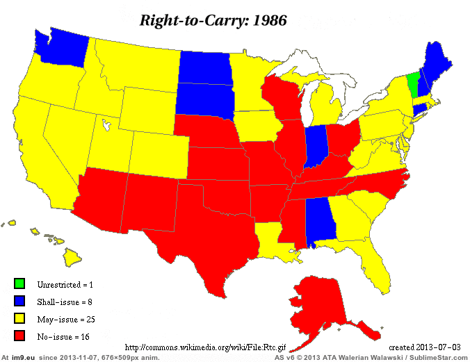 [Mapporn] State laws regarding concealed carry permits in the US from 1986-2013 [676x509] [GIF] (in My r/MAPS favs)